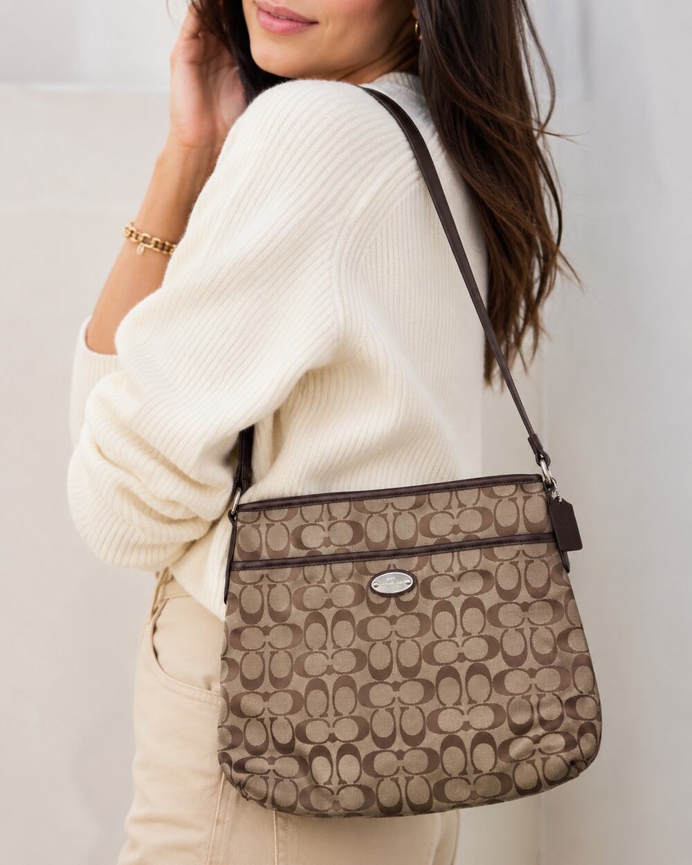 Coach Brown Tan Signature Canvas Crossbody Bag Handbag Purse Leather Trim